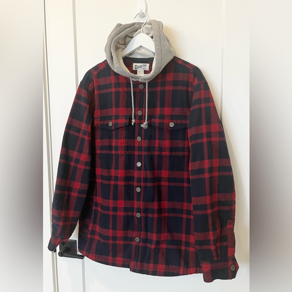 Duluth Trading Co Men Fire Hose Flannel Lined Hooded Limber Jac Red Blue Plaid M - Picture 2 of 9